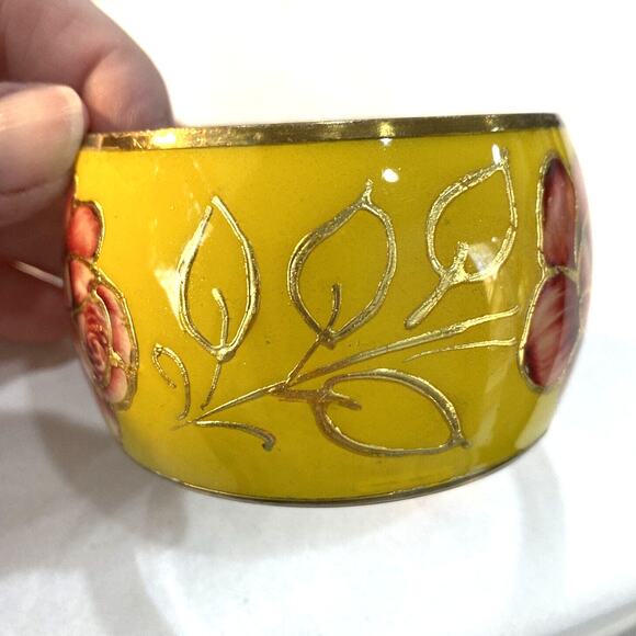 Retro brass bangle bracelet mod mustard yellow pink enamel floral Boho festival - Picture 5 of 6